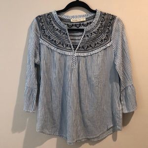Blue and White Striped Blouse with Embroidery